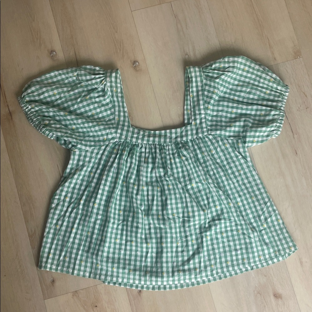 Mint Checkered Puff Sleeve Blouse